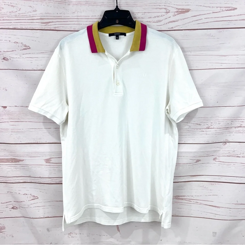 Gucci Cotton Piquet Striped Collar Short Sleeve Embroidered White Polo Shirt